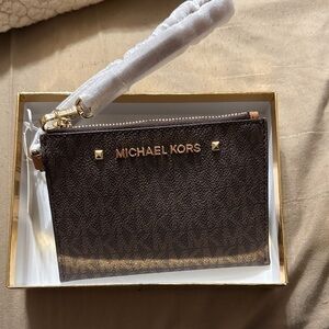 Michael Kors Dark Brown Wristlet with Gold Accents